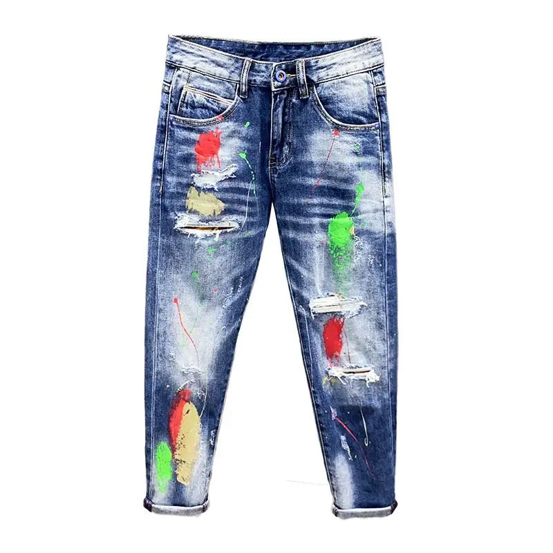 Luxury Brand 2026 Graffiti Jeans Men's Fashion Ripped Spray Paint Pants Ruffian Streetwears