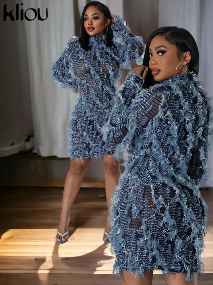 kliou Ruched Patchwork Mini Dress Women Striped Stacked Autumn Full Sleeve Crew Neck Holes Chic Bodycon Female Trend Streetwear