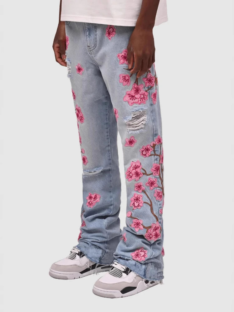 Men Jeans Print Straight Pants Men Denim Jean Button Pockets Pants Streetwear High Street Mid Waist Hole Spliced Spring Summer