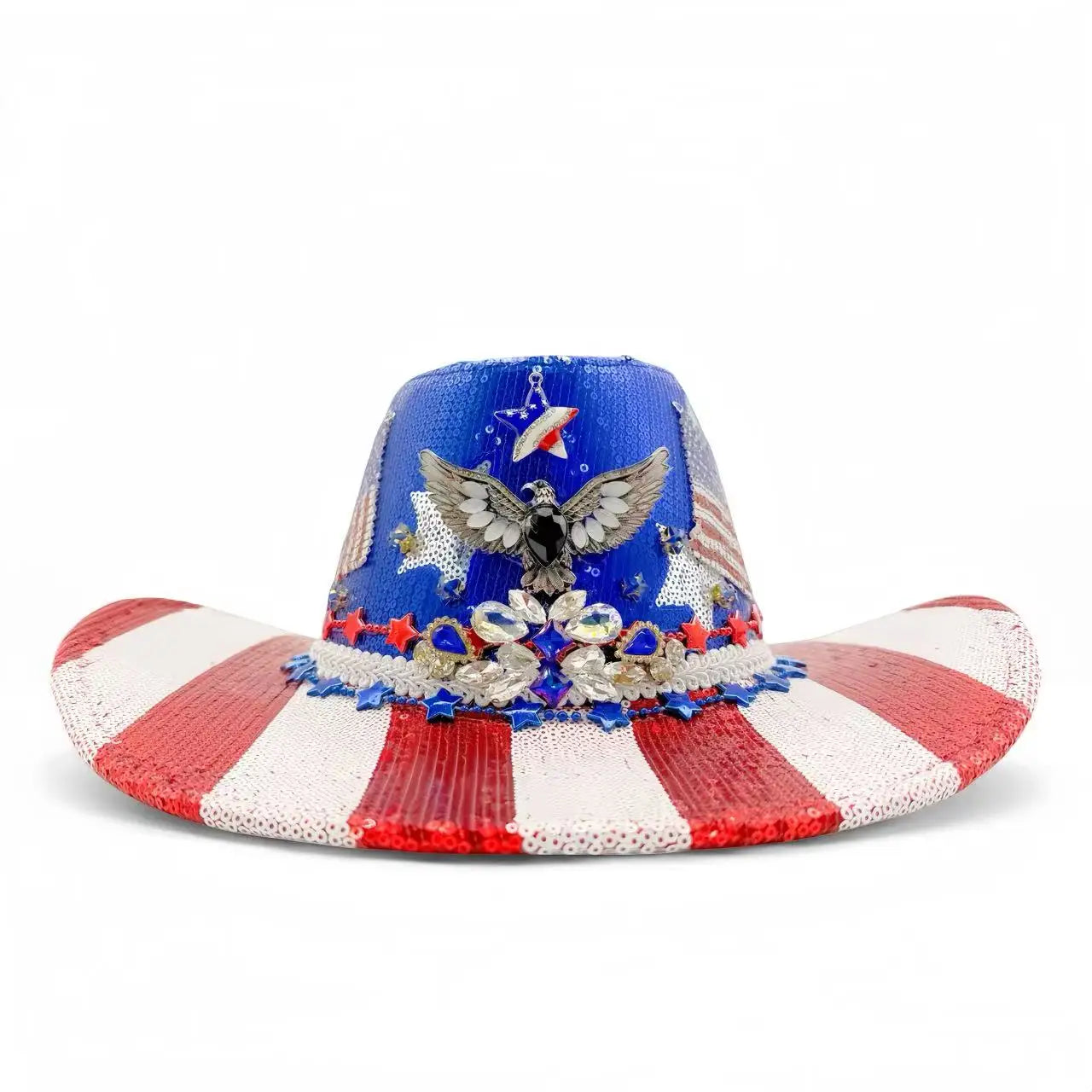 HongLuan Western Blue Disco Felt Cowboy Hat Rhinestone Woman for Cowgirl