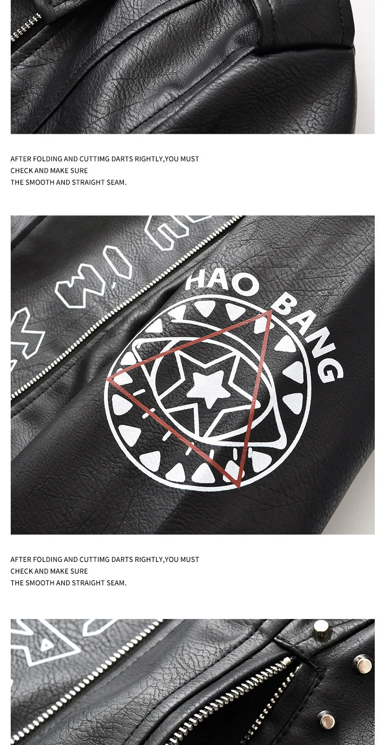 High Street Leather Jacket Women Rivet PU Leather Bomber Jacket Eyelet Print Punk Moto Biker Coat Outerwear Luxury Women Clothes