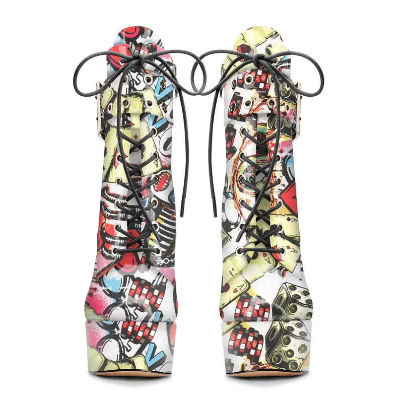 2026 Sexy Leopard Heels Ladies Ankle Boots Platform Front Lace-Up Buckle Strap Catwalk Stiletto