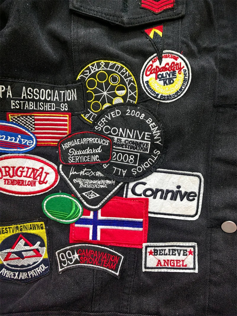 Men's Embroidered Denim Jacket Trendy Slim Fit w Badge Jeans Coat