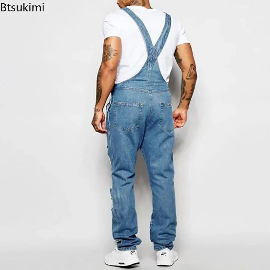 2026 Men's Ripped Denim Overalls Full Length Suspender Pants Homme Jeans High Street Jumpsuit Distressed Casual Trousers Male