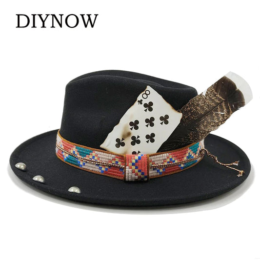 Feather Fedoras Hat for Men Women Black Felt Wide Brim Jazz Cap Plum Blossom 8 Playing Card