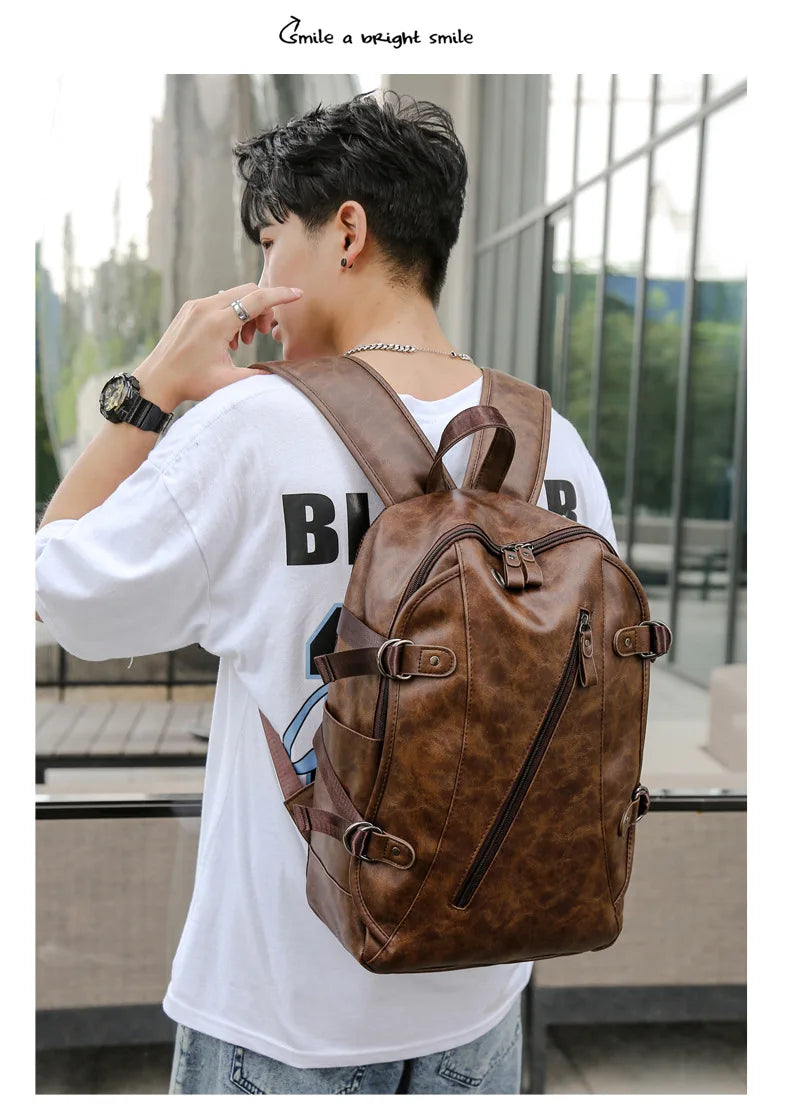 soft PU leather vintage casual backpack for men large capacity travel backpack male laptop shoulder bag waterproof work backpack