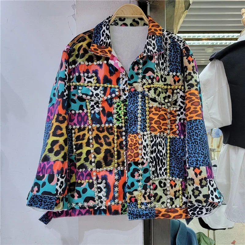 Streetwear Fashion Rivet Beading Leopard Print Patchwork Denim Jacket Women Cowboy Outerwear Loose Short Jeans Jackets Female