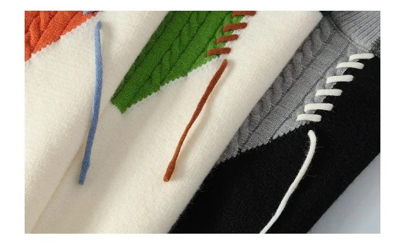 Men Patchwork Sweater O Neck Pullovers Spliced Long Sleeve  Wool Casual