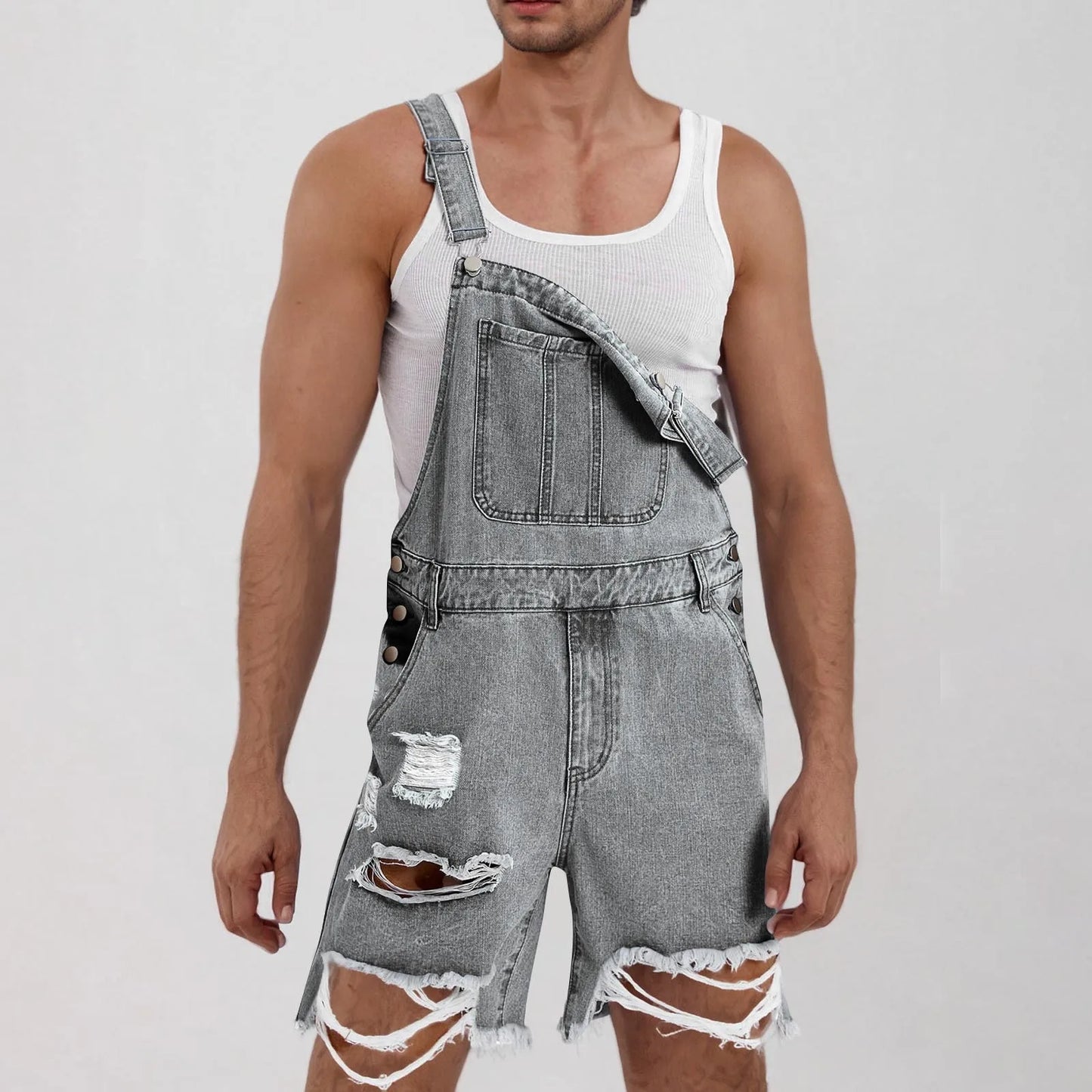 Men Jumpsuit Denim Shorts Summer Vintage Streetwear