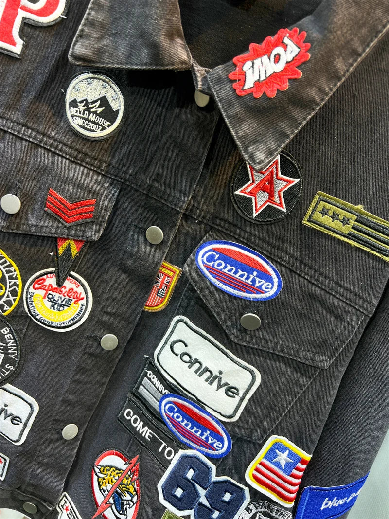 Men's Embroidered Denim Jacket Trendy Slim Fit w Badge Jeans Coat