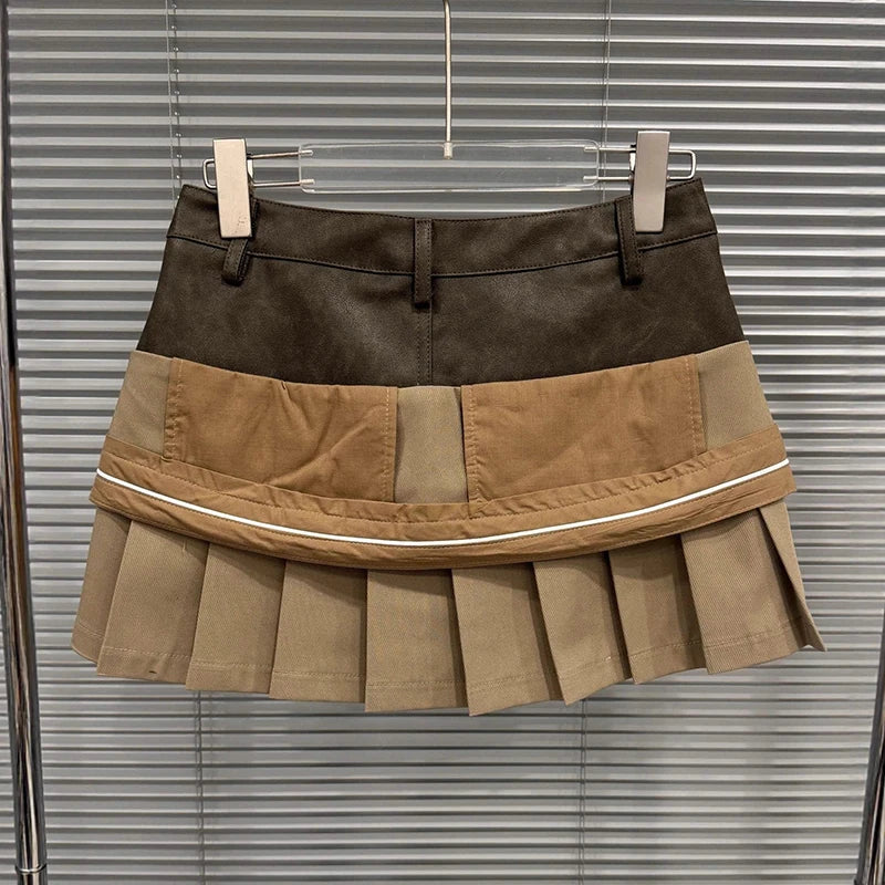 Autumn Winter New Niche Fashion Two-Piece Design Leather Patchwork Short Skirt For Women Pleated Skirts