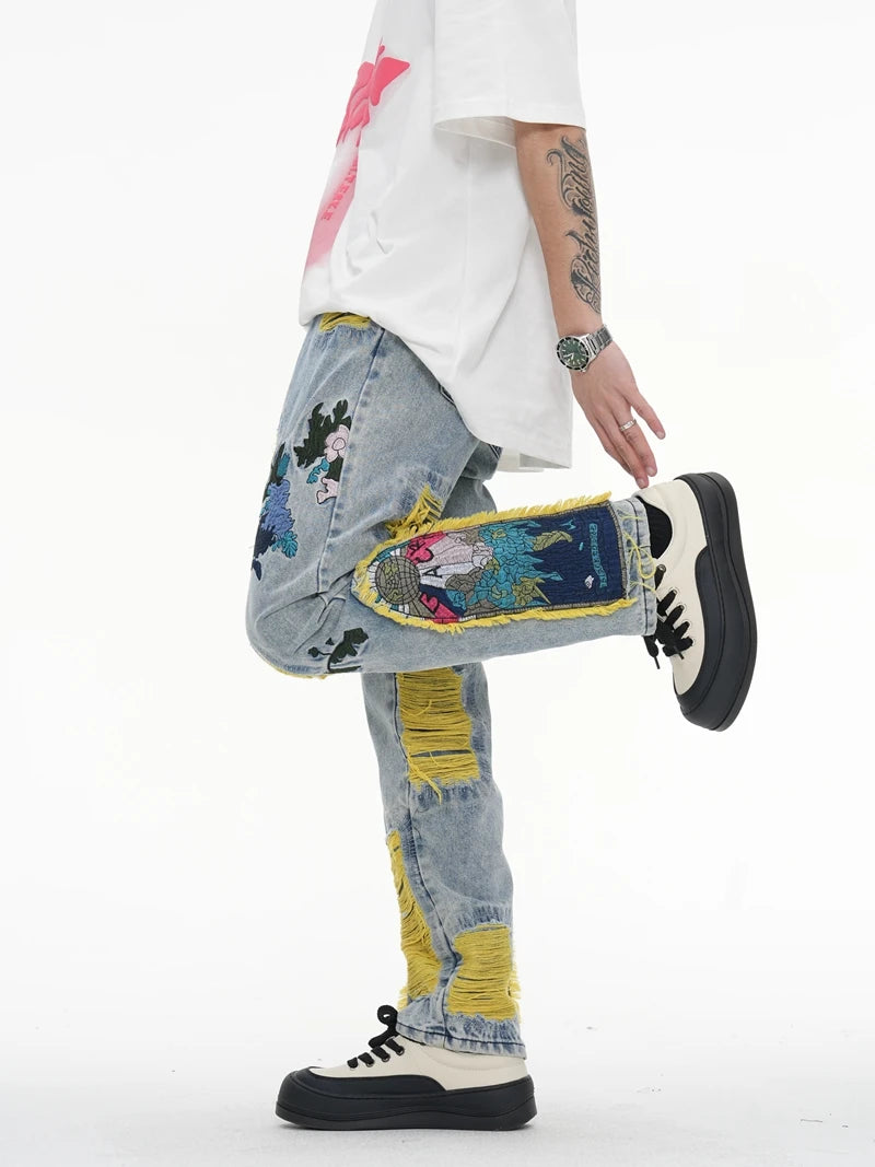 Embroidered Patch Denim Ripped  Streetwear Pleated Tassels Distressed Destroyed