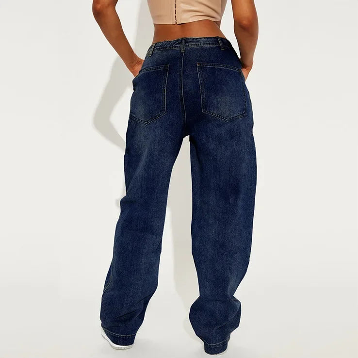 American Retro Fashion Women High Waist Cartoon Printed Jeans High Street Design Slim Casual Straight Wide-Leg Jeans