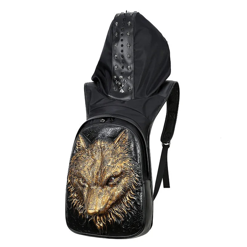 Unisex Waterproof Thicken Leather Backpack - 3D Rivet Embossed, Hooded Design, Spacious Laptop Rucksack for Daily & Travel