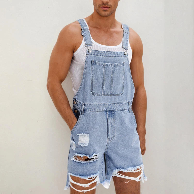 Men Jumpsuit Denim Shorts Summer Vintage Streetwear