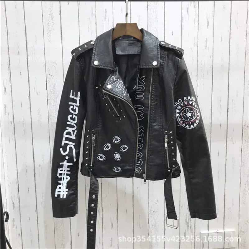 High Street Leather Jacket Women Rivet PU Leather Bomber Jacket Eyelet Print Punk Moto Biker Coat Outerwear Luxury Women Clothes