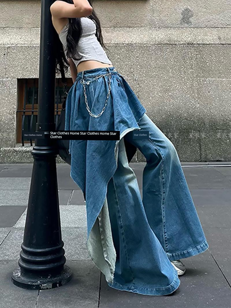 2026 European and American Retro Wide-Leg Scimitar Jeans for Women / Floor-Length Pants