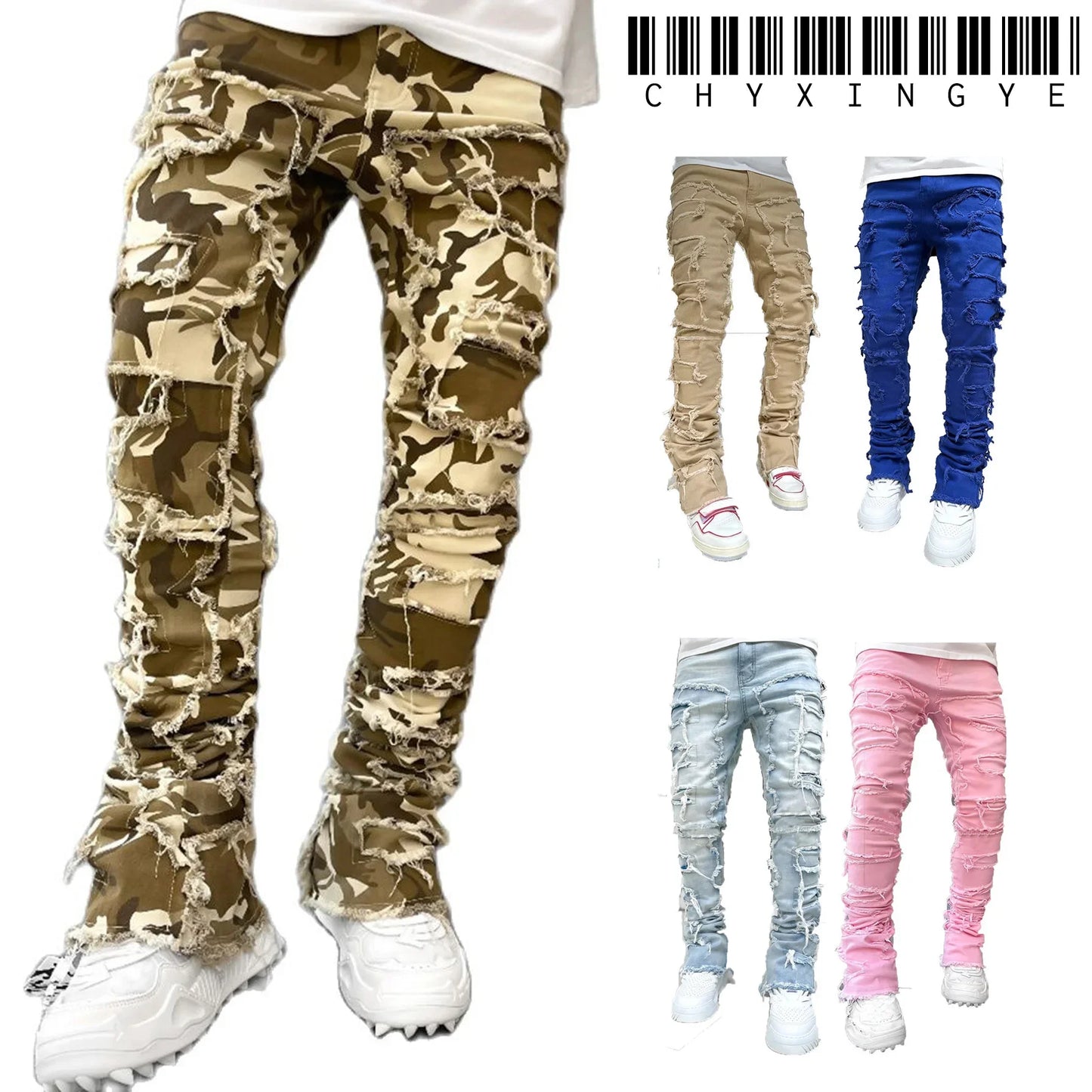 Men Ripped Stacked Jeans Distressed Slim Fit Skinny Straight Leg Jeans Fashion Hip Hop Denim Pants Casual Streetwear