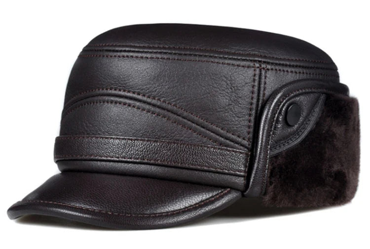 High Quality Genuine Leather Hats Winter First Layer Cowhide Warm Earmuffs Bomber Caps Plus Velvet Thicken Man Bone Caps Dad Hat