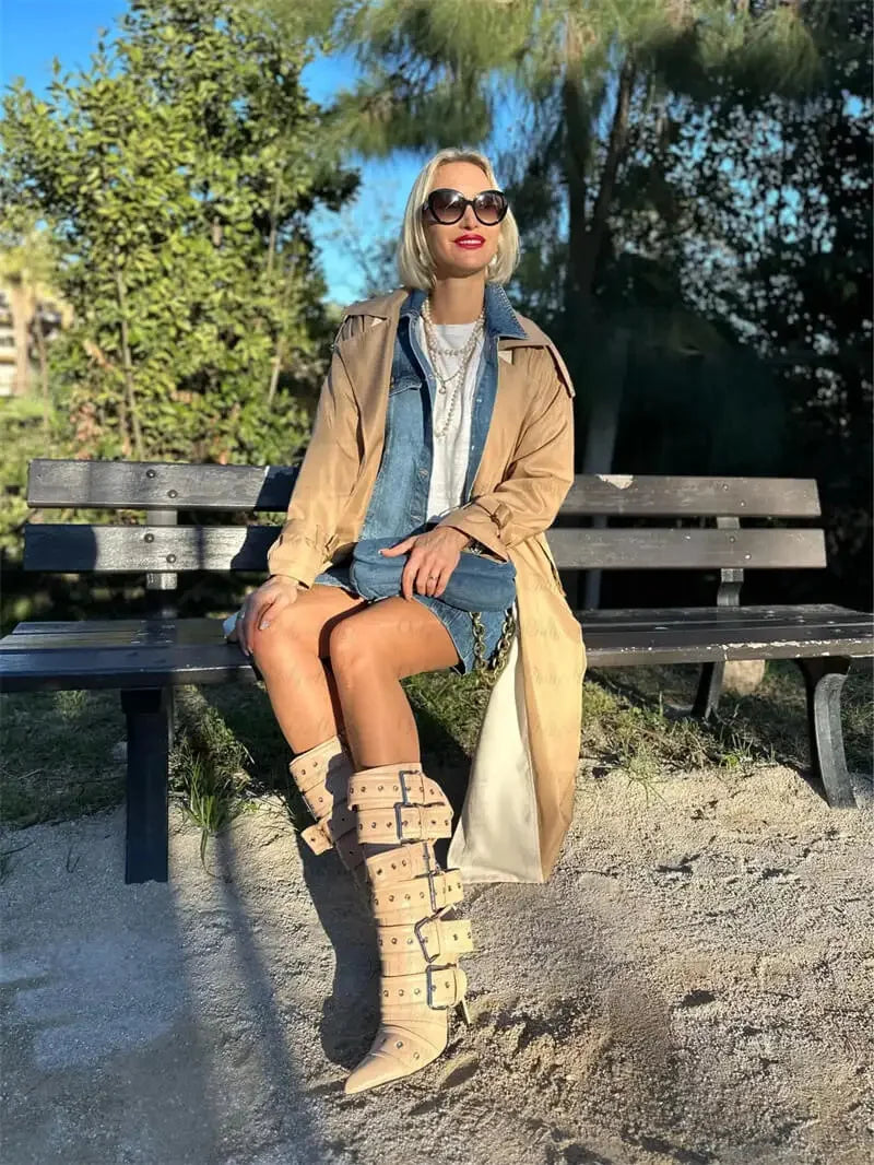 Onlymaker Women Pointed Toe Buckle Strap Mid-Calf Boots  Thin High Heel Lady Zipper Stiletto