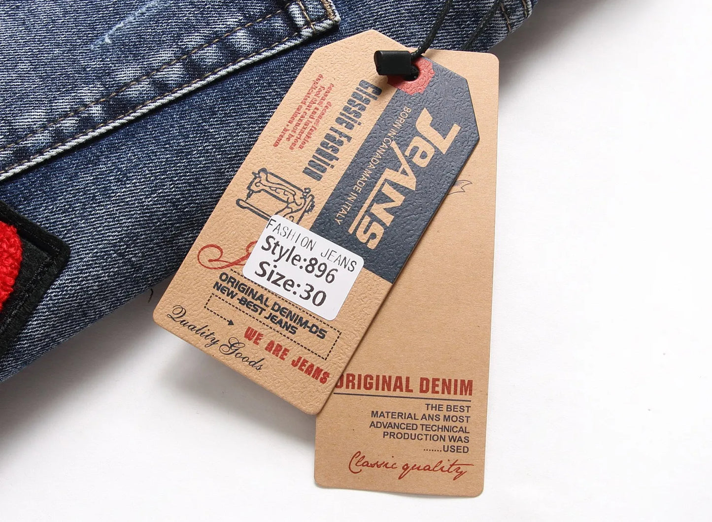 European and American process washed personalized embroidered with badges elastic jeans