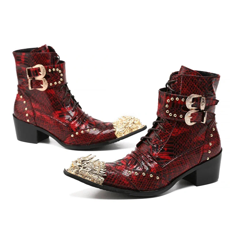 Red New Men Short Boots, Winter Increase Height, Cowboy Boots Lace Up Real Leather Boots Man Dress Shoes