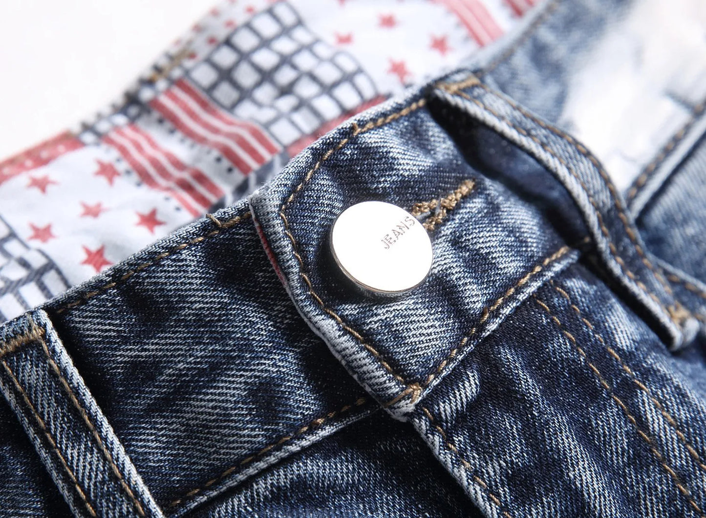 European and American process washed personalized embroidered with badges elastic jeans