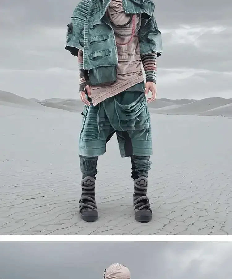 Men and Waste Soil Style  Asymmetric Deconstruction Pleated Jacket Futuristic Washed Short Coat Male