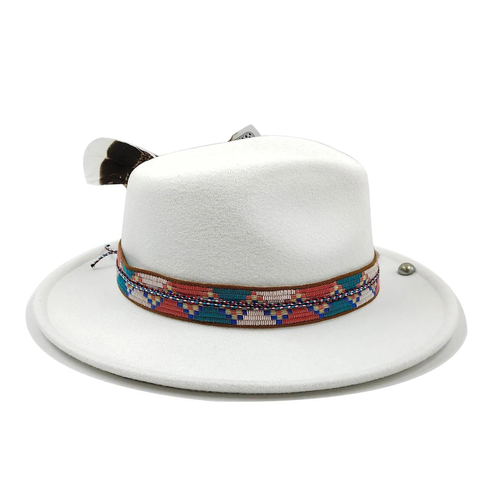 Feather Fedoras Hat for Men Women Black Felt Wide Brim Jazz Cap Plum Blossom 8 Playing Card
