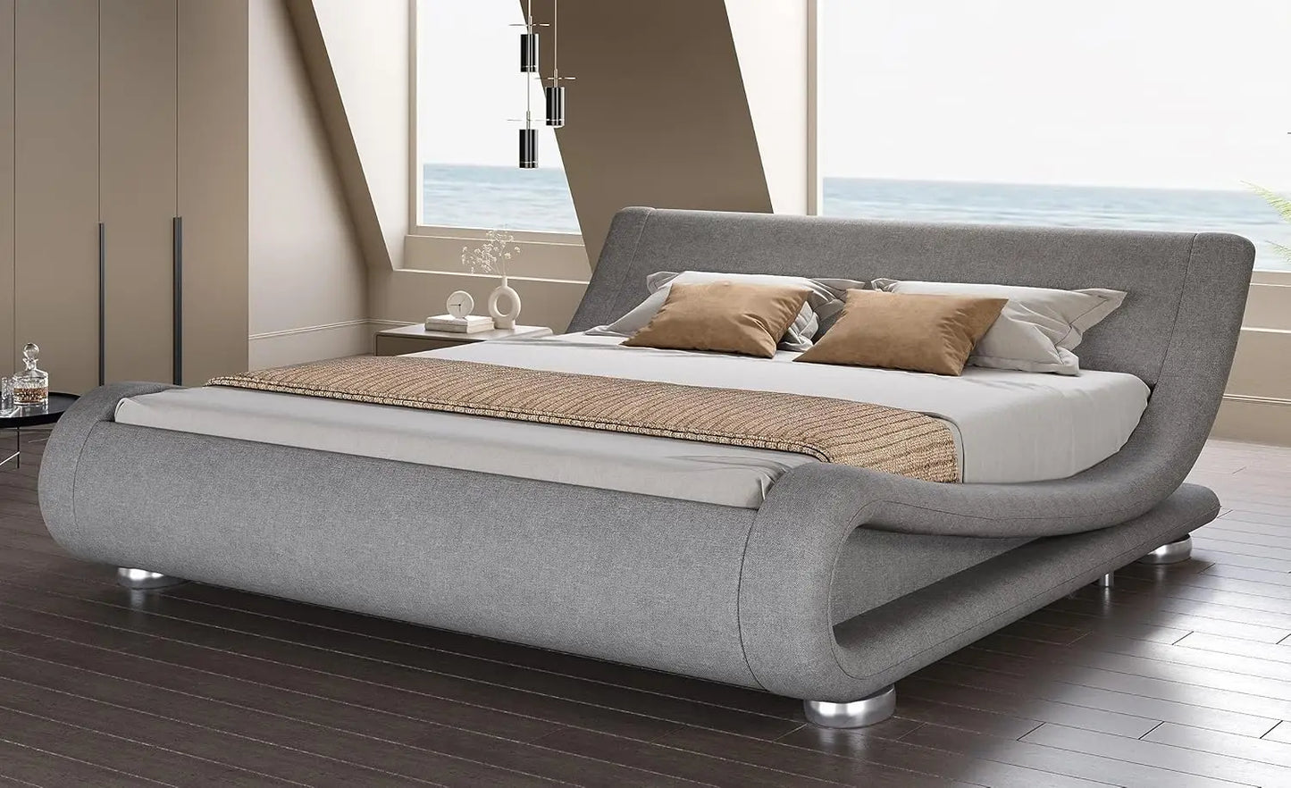 Bed Frame with Faux Leather Ergonomics Headboard, No Box Spring Needed & Easy Assembly