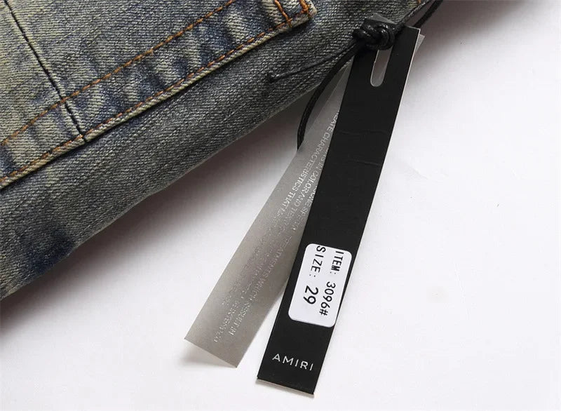 Mens Jeans with Embroidered Leather Patch Hole Punching Casual Black White Star Design by AMR