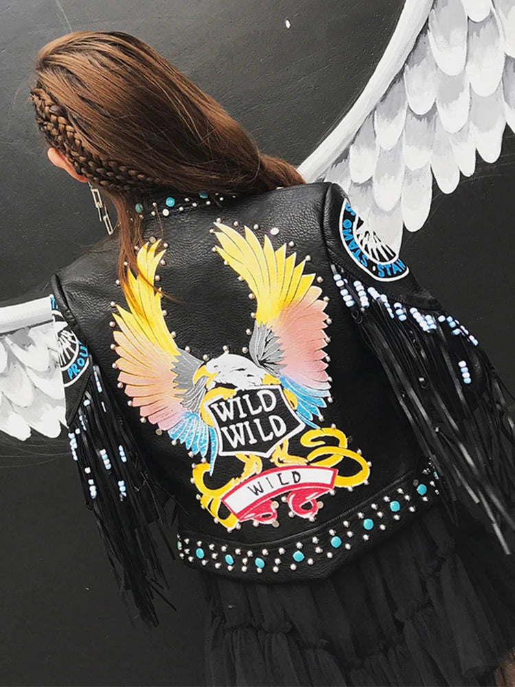 2026 new European style tassel rivet print trendy leather jacket motorcycle version street fashion