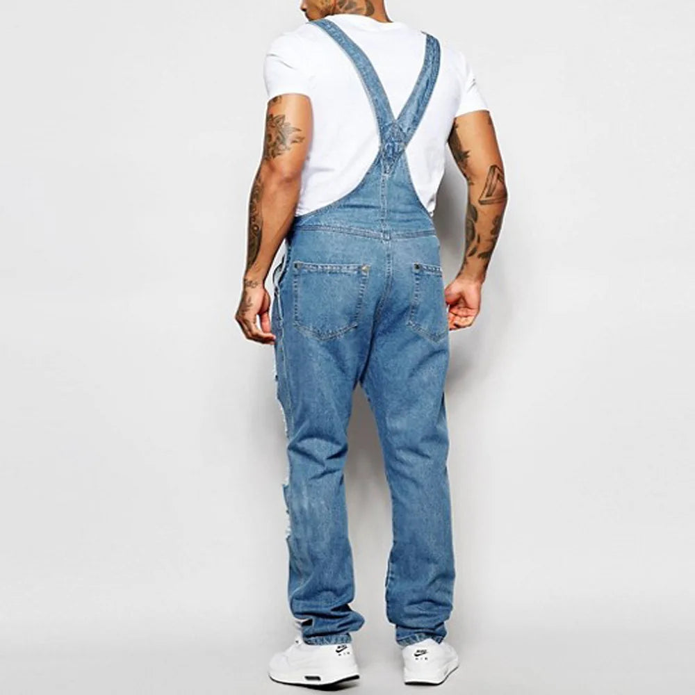 2026 Men's Ripped Denim Overalls Full Length Suspender Pants Homme Jeans High Street Jumpsuit Distressed Casual Trousers Male