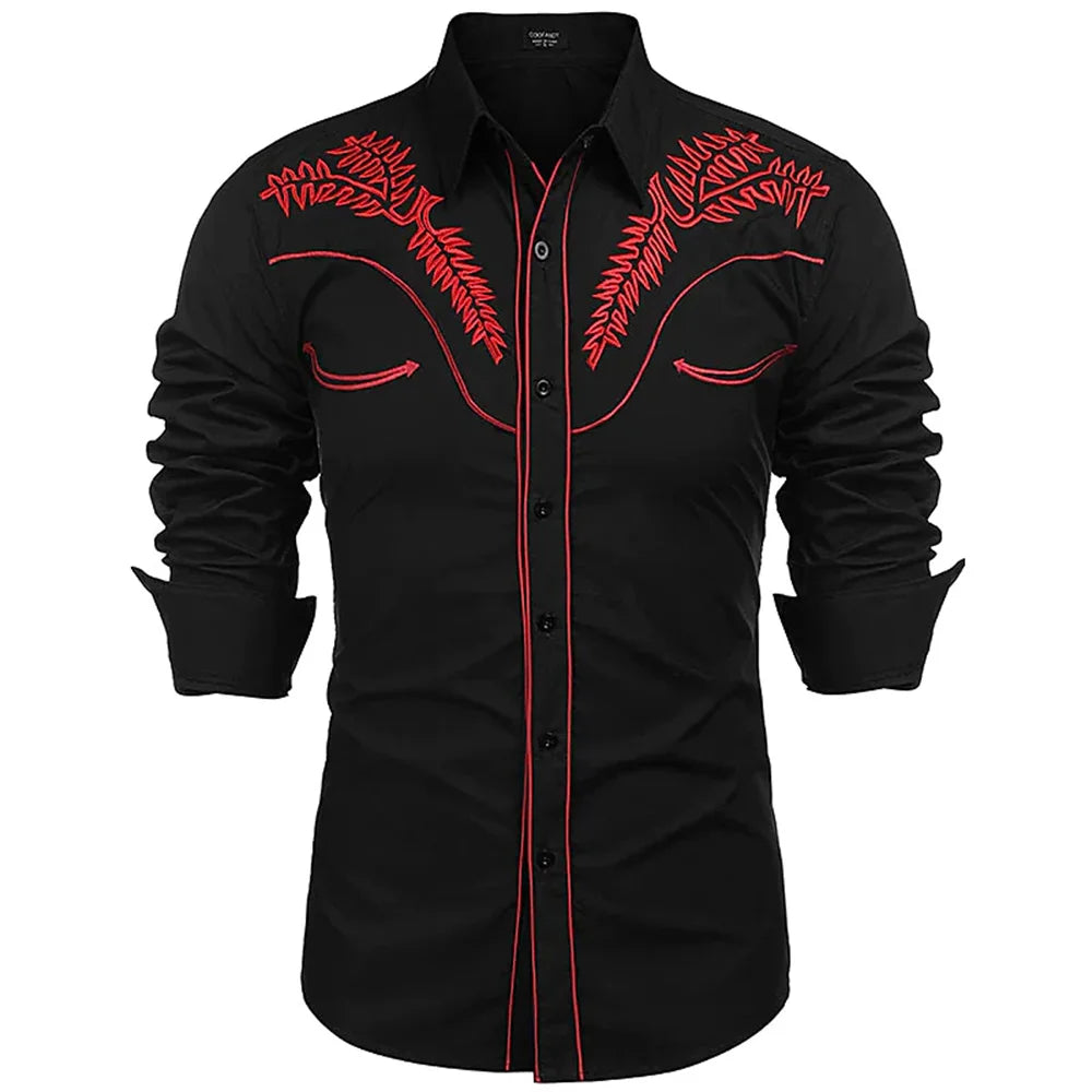 Men's western printed long -sleeved lapel single -breasted shirt casual social men's club street clothing