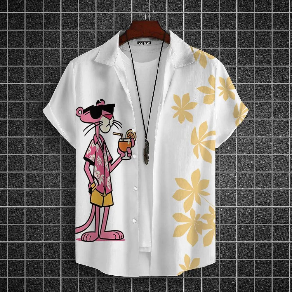 Men's  Cartoon leopard Graphic Print Short Sleeve Lapel Shirt Tops Men's Casual Button-Down Shirts For Summer Daily Wear Resort