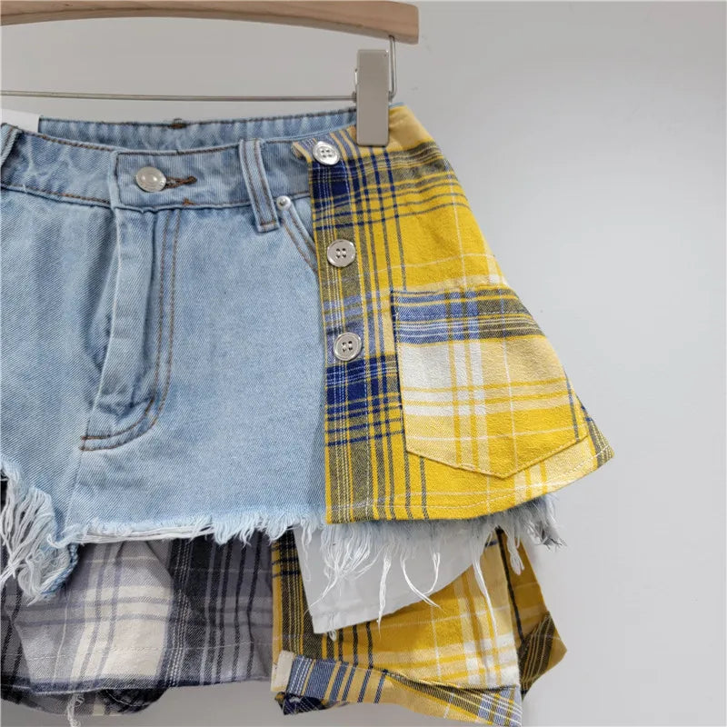 YEAE plaid patchwork irregular denim shorts women's fashion high-waisted A-word denim shorts skirt
