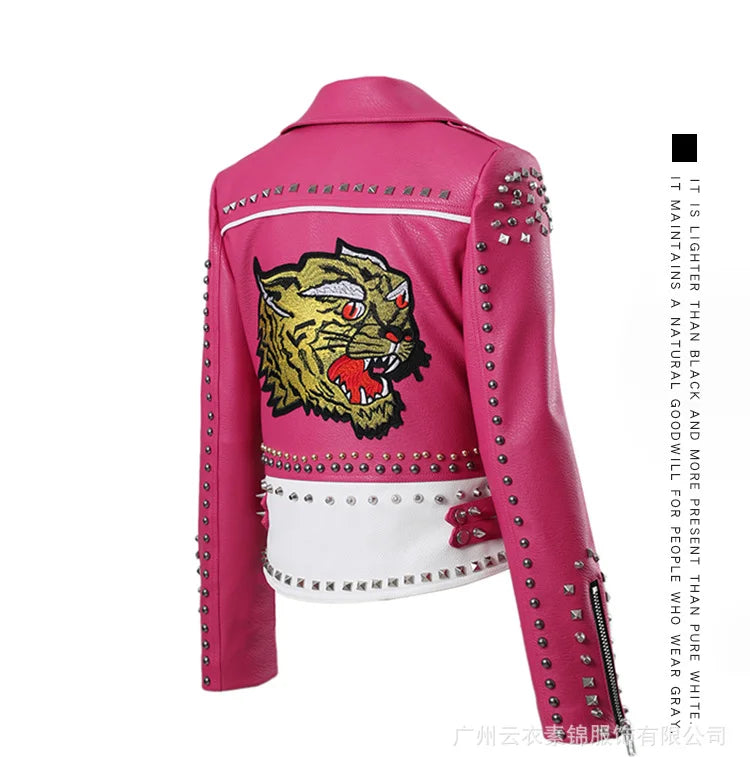 Punk Studded Motorcycle Leather Jacket Women 2026 Trend Streetwear Contrast Color Stitched Faux Leather Embroidered Jackets