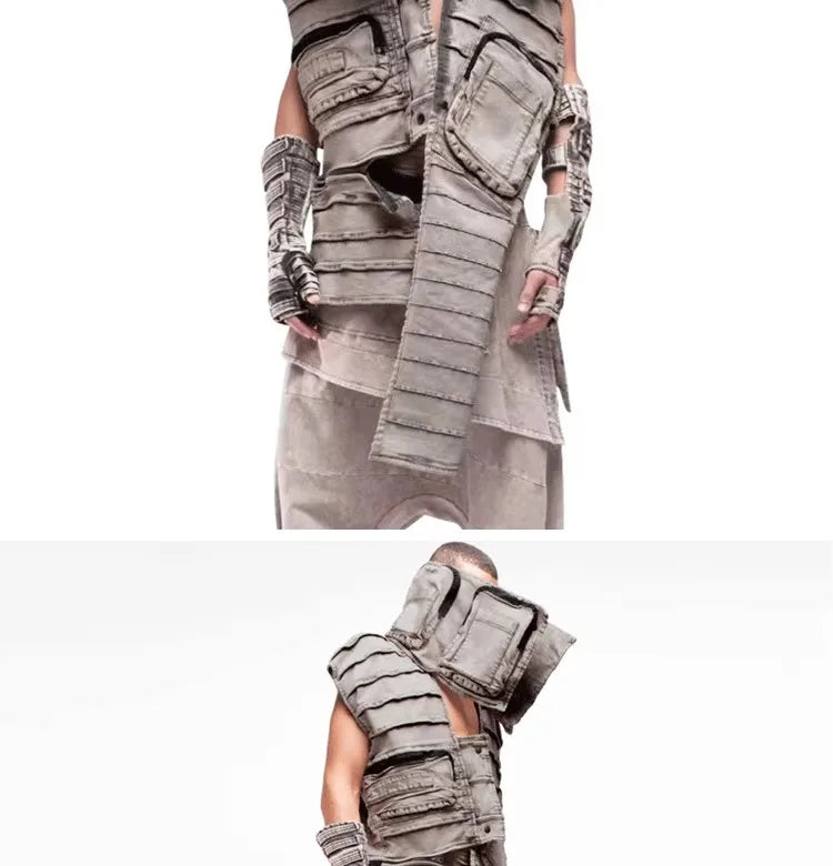 Pioneer Waste Soil Sand Dune Heavy Industry washed Asymmetric stereoscopic Bag Layered High Collar Vest coat