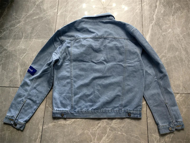 Men's Embroidered Denim Jacket Trendy Slim Fit w Badge Jeans Coat