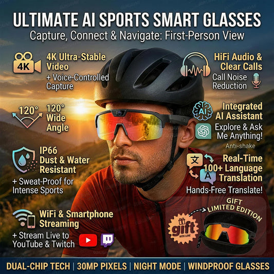 800W 4k HD Camera Smart Glasses Anti-shake Cycling Riding Shooting Dual Mic Noise Reduction & Windproof
