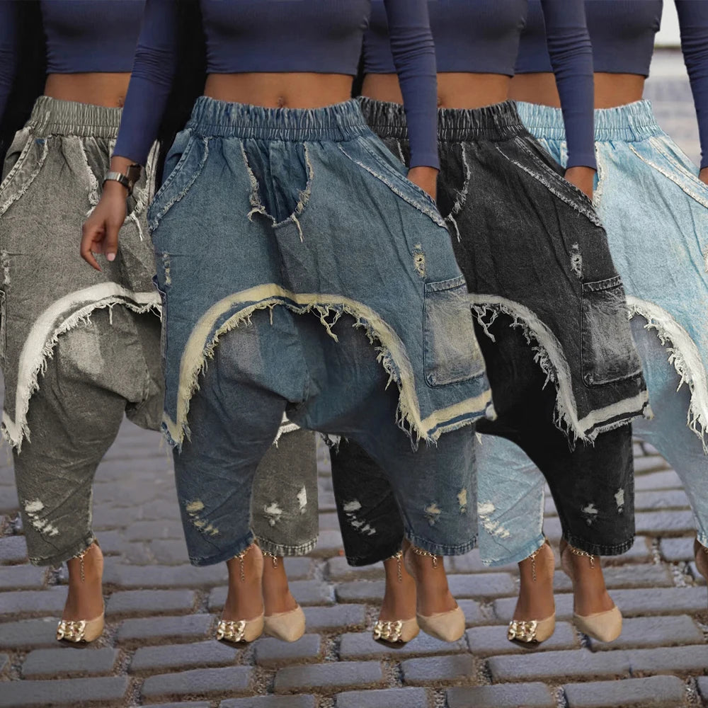 Street Wear Baggy Bag Wide Leg Denim Pants Elastic Waist Distressed Runway Harem Jeans