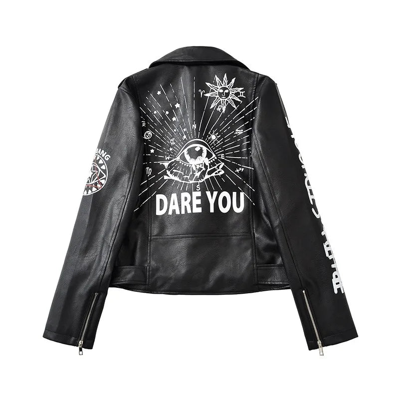High Street Leather Jacket Women Rivet PU Leather Bomber Jacket Eyelet Print Punk Moto Biker Coat Outerwear Luxury Women Clothes