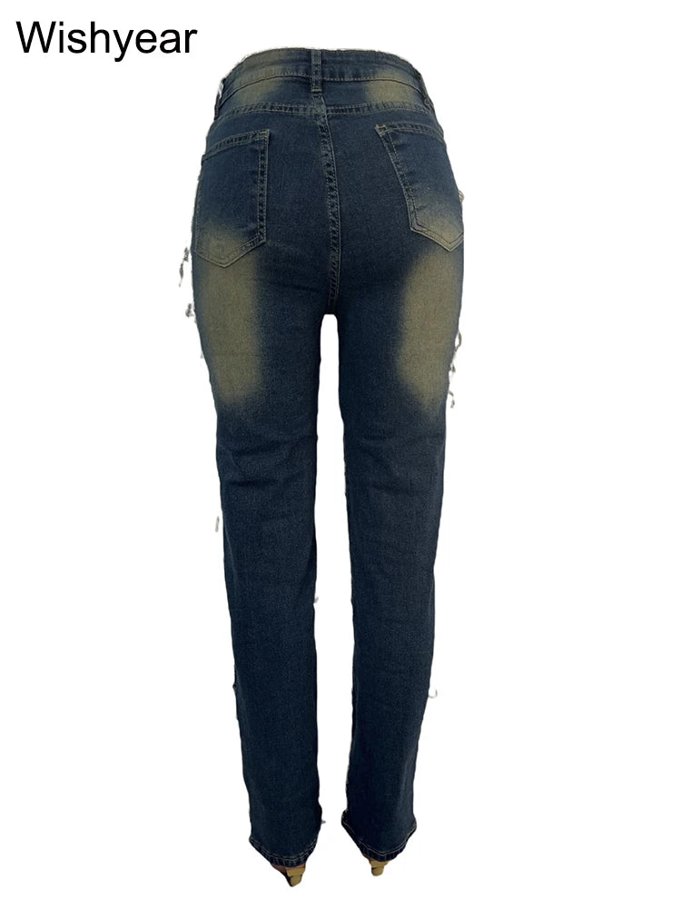 Vintage Pencil Pants Ripped Women Jeans Distressed Stretch Denim Trouser Wash Dark Blue Skinny Pockets Punk Style