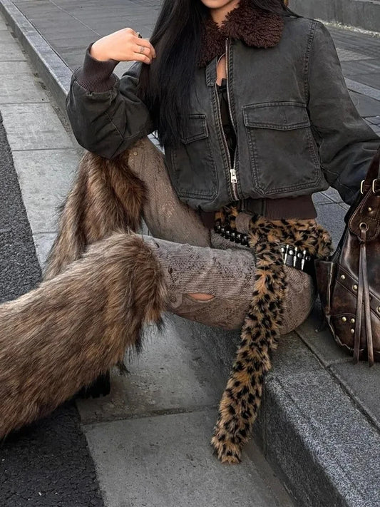 Women Faux Fur Patchwork Jeans Harajuku Denim Trousers Vintage 2000s Style Baggy Jean Pants