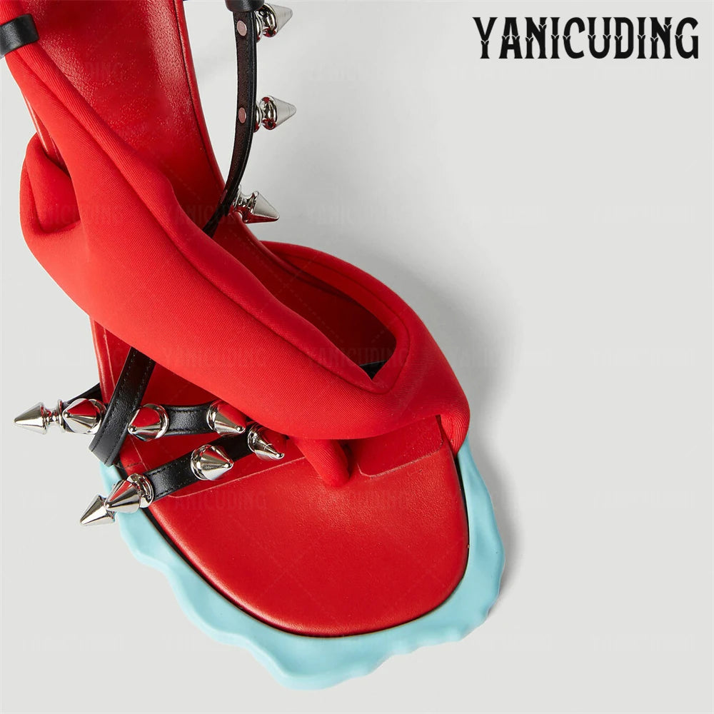 Stud Flower Sole Stiletto Sandals Novelty Open Toe Toe Post Buckle High Heels Ankle Straps All over Rivet Contrast Panel Sandals