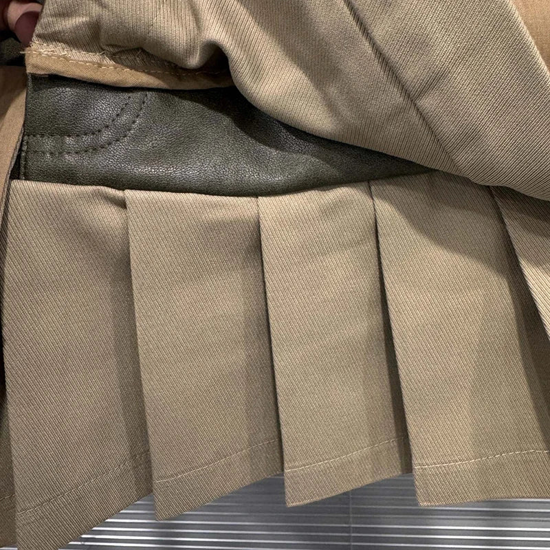 Autumn Winter New Niche Fashion Two-Piece Design Leather Patchwork Short Skirt For Women Pleated Skirts