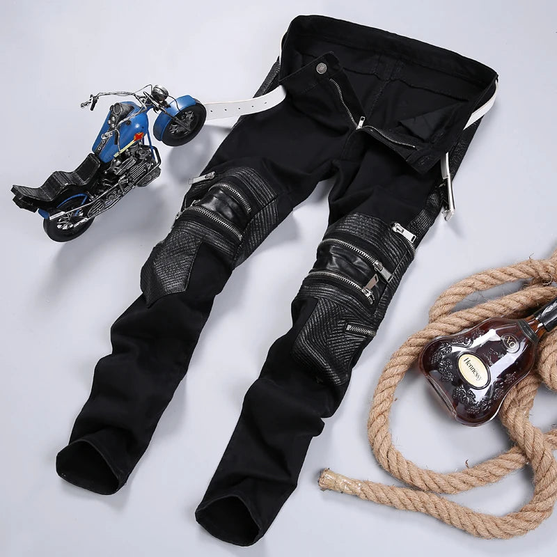 uxi Men's Slim Fit Elastic Leather Patchwork Jeans Breathable Multi-Zipper Casual Cotton Stretch Denim