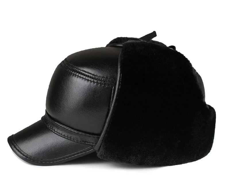 High Quality Genuine Leather Hats Winter First Layer Cowhide Warm Earmuffs Bomber Caps Plus Velvet Thicken Man Bone Caps Dad Hat