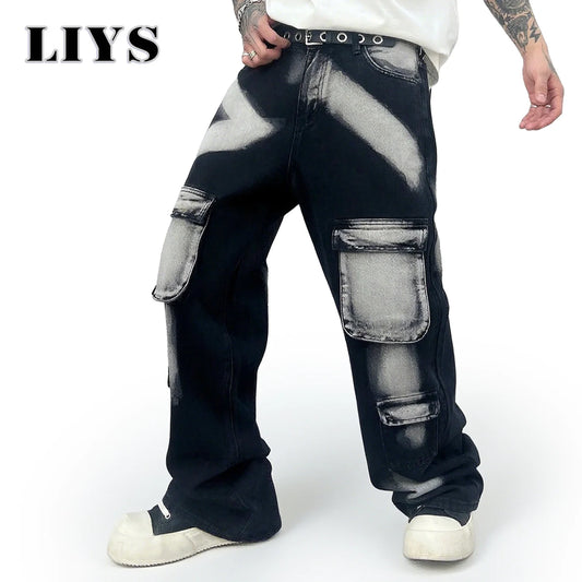 Streetwear Men's Jeans Tie Dye Cowboy Pants Wide Leg Hip Hop Goth Soft Cotton Jeans