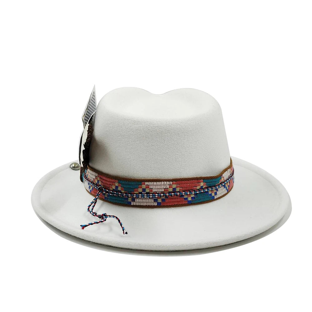 Feather Fedoras Hat for Men Women Black Felt Wide Brim Jazz Cap Plum Blossom 8 Playing Card
